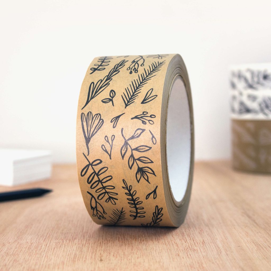 Botanical Sprig Paper Packing Tape 50mm X 50m Brown Black INKKIN Botanical sprig paper packing tape 50mm x 50m brown black inkkin