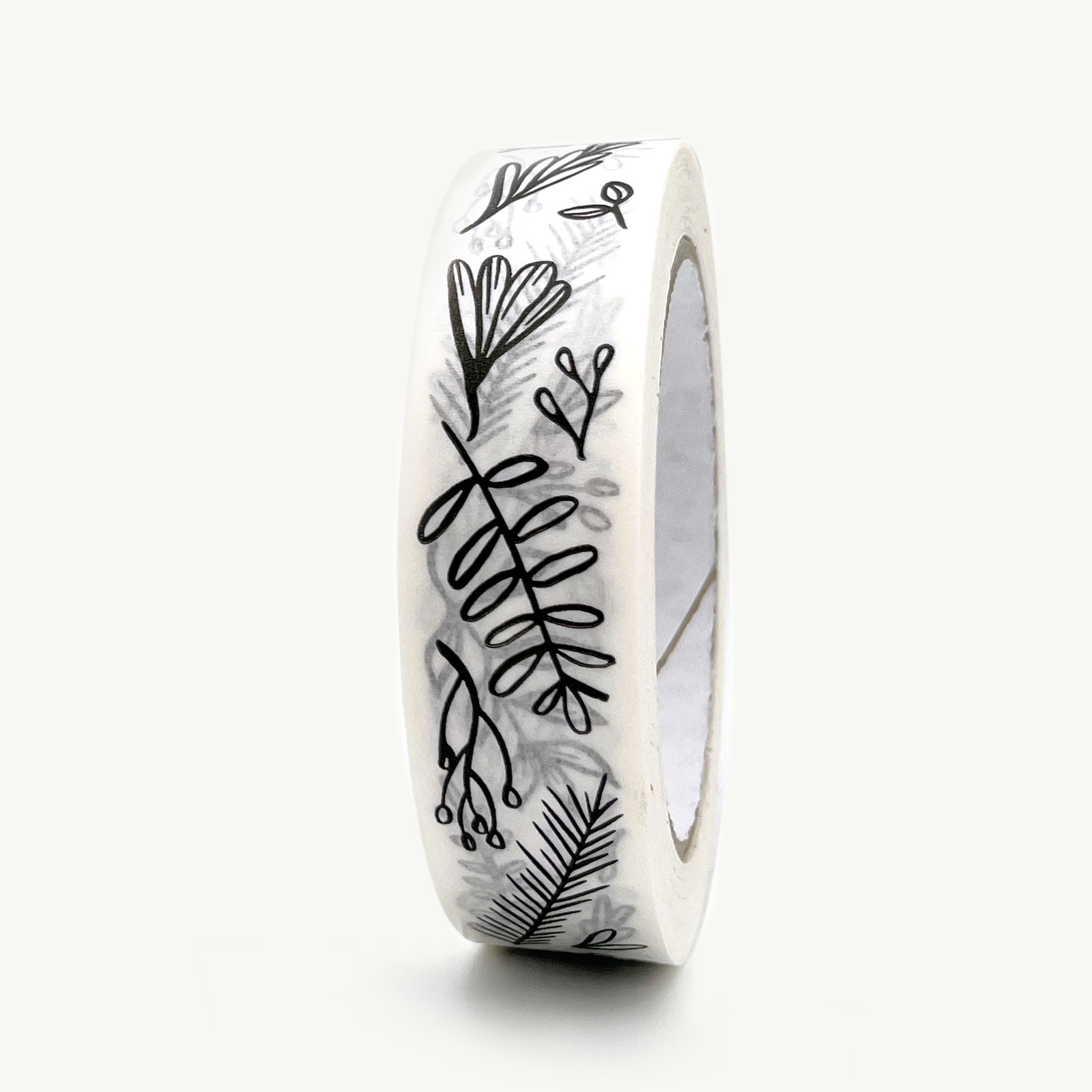 Botanical Sprig Paper Gift Wrap Tape, 25mm x 50m, White/Black